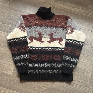 Roots | Vintage 100% Shetland Wool Reindeer Nordic Turtleneck Sweater Size Large